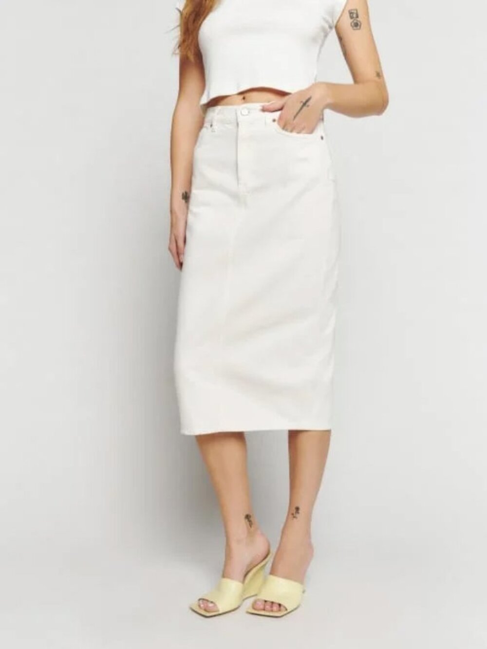 Reformation - Jayde High Rise Denim Midi Skirt - Size 25 - Cream - Picture 2 of 7